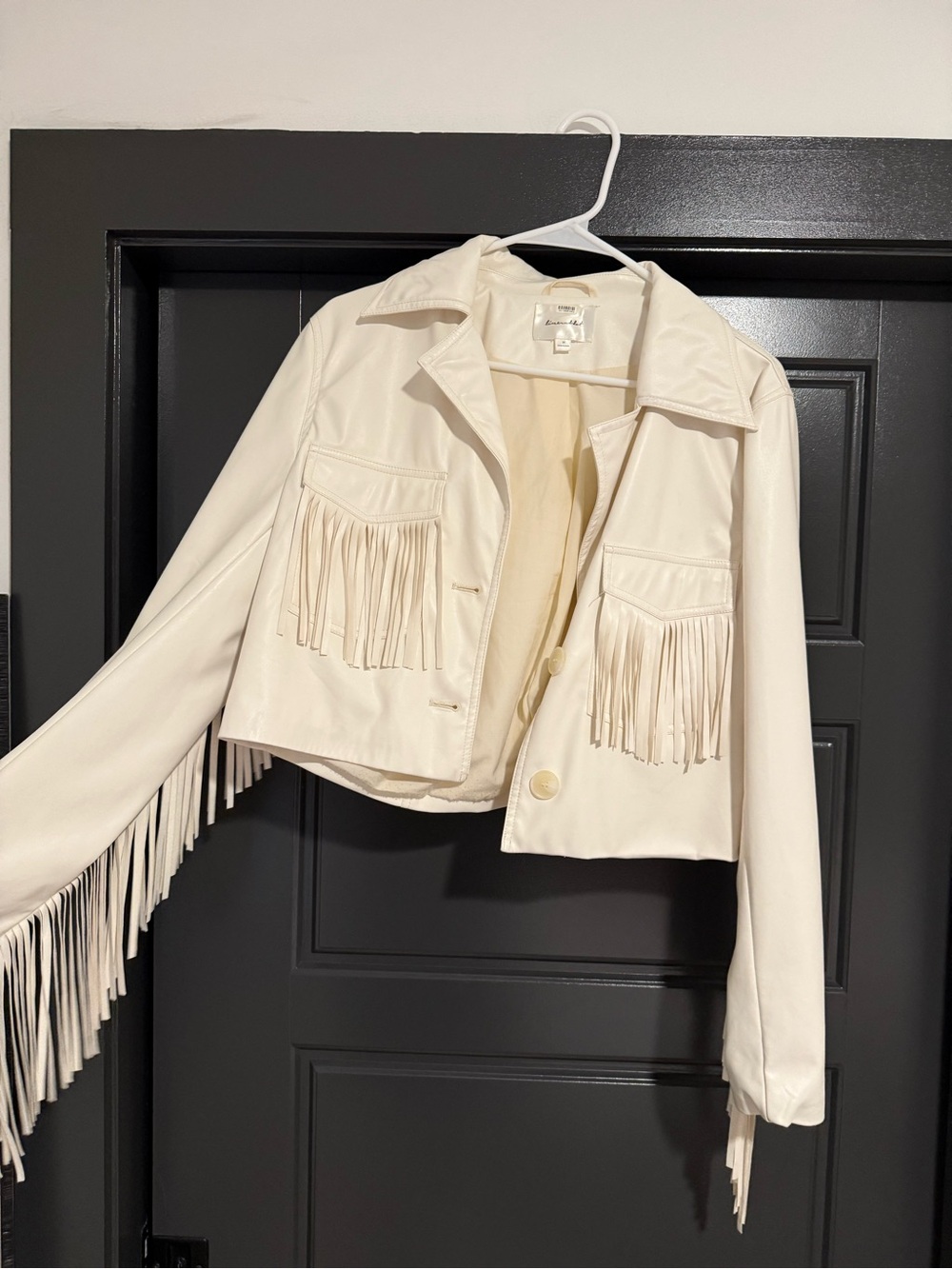 Line & Dot Cream Fringe Leather Cropped Jacket